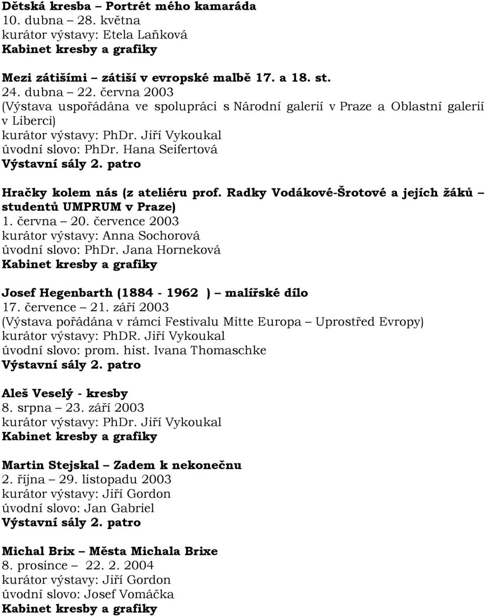 patro Hračky kolem nás (z ateliéru prof. Radky Vodákové-Šrotové a jejích žáků studentů UMPRUM v Praze) 1. června 20. července 2003 kurátor výstavy: Anna Sochorová úvodní slovo: PhDr.