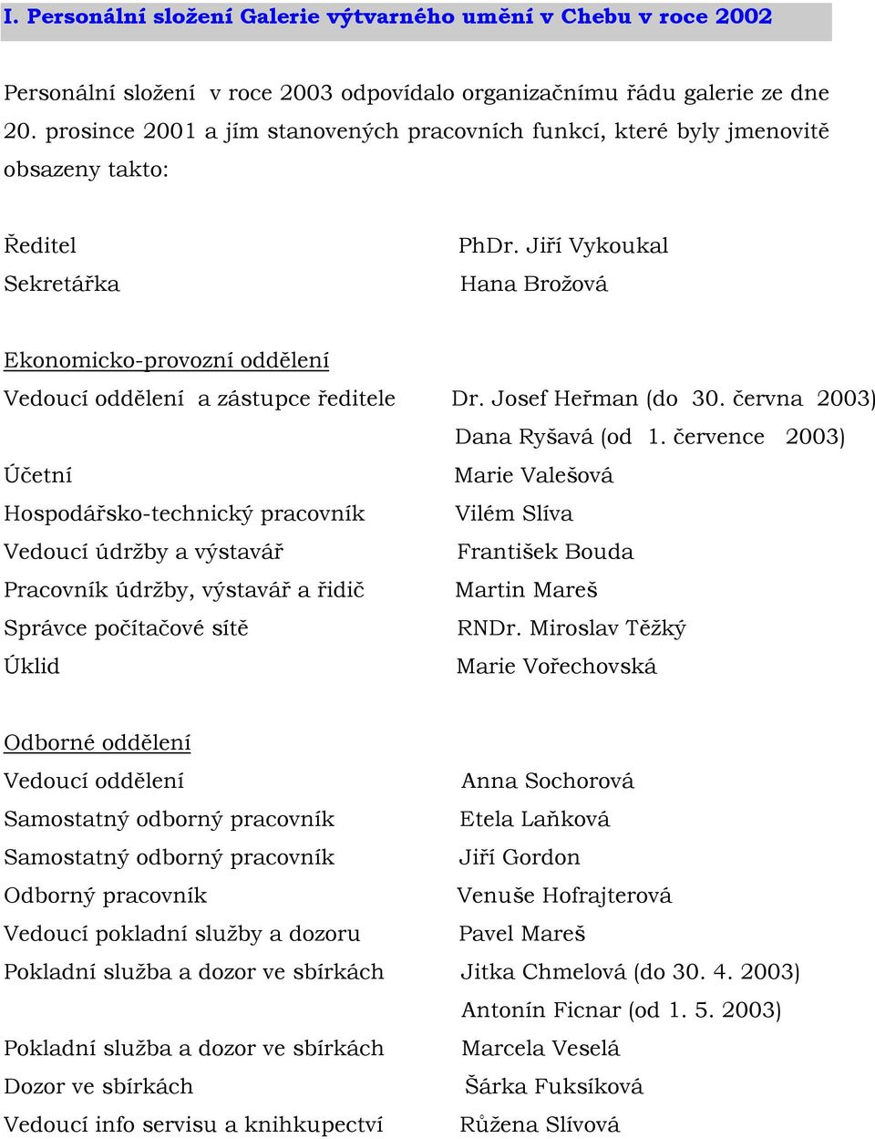 Jiří Vykoukal Hana Brožová Ekonomicko-provozní oddělení Vedoucí oddělení a zástupce ředitele Dr. Josef Heřman (do 30. června 2003) Dana Ryšavá (od 1.