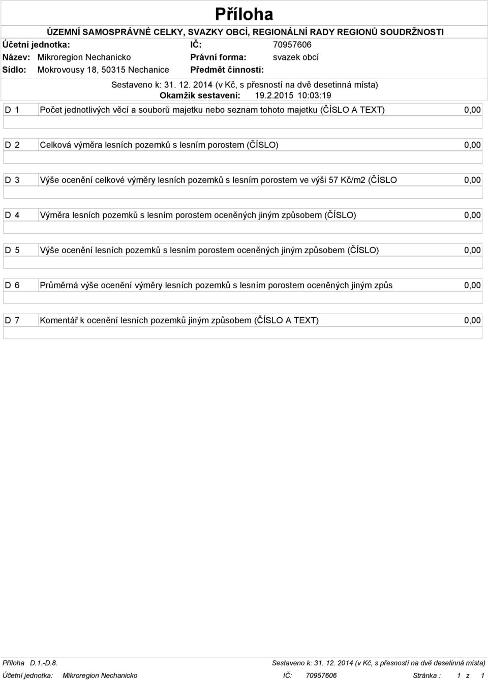 (ČÍSLO) 0,00 D 3 Výše ocenění celkové výměry lesních pozemků s lesním porostem ve výši 57 Kč/m2 (ČÍSLO 0,00 D 4 Výměra lesních pozemků s lesním porostem