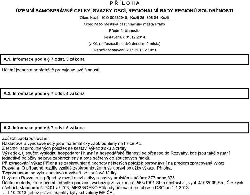 3. Informace podle 7 odst. 5 zákona Způsob zaokrouhlování: Nákladové a výnosové účty jsou matematicky zaokrouhleny na tisíce Kč.