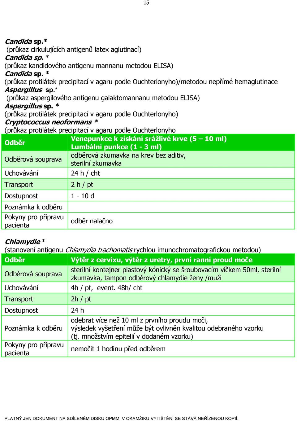 * (průkaz protilátek precipitací v agaru podle Ouchterlonyho) Cryptococcus neoformans * (průkaz protilátek precipitací v agaru podle Ouchterlonyho Venepunkce k získání srážlivé krve (5 10 ml)