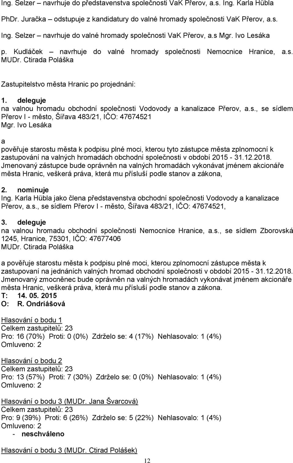 Ivo Lesáka a pověřuje starostu města k podpisu plné moci, kterou tyto zástupce města zplnomocní k zastupování na valných hromadách obchodní společnosti v období 2015-31.12.2018.