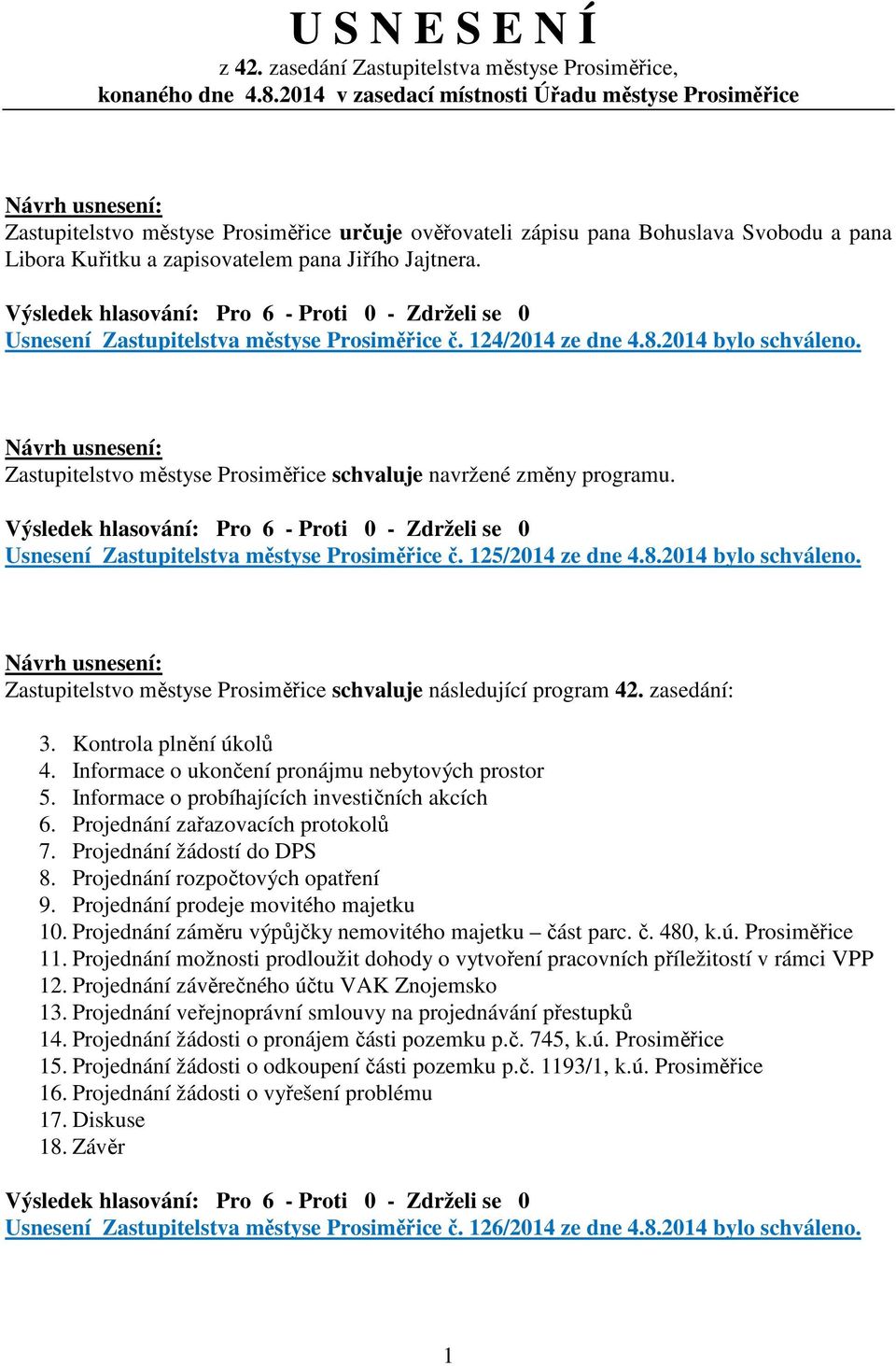 Usnesení Zastupitelstva městyse Prosiměřice č. 124/2014 ze dne 4.8.2014 bylo schváleno. Zastupitelstvo městyse Prosiměřice schvaluje navržené změny programu.