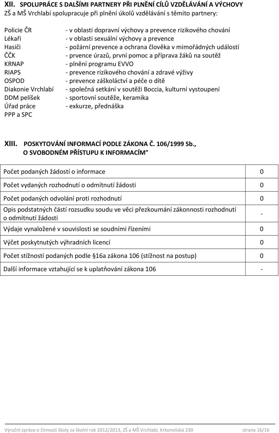 plnění programu EVVO RIAPS - prevence rizikového chování a zdravé výživy OSPOD - prevence záškoláctví a péče o dítě Diakonie Vrchlabí - společná setkání v soutěži Boccia, kulturní vystoupení DDM