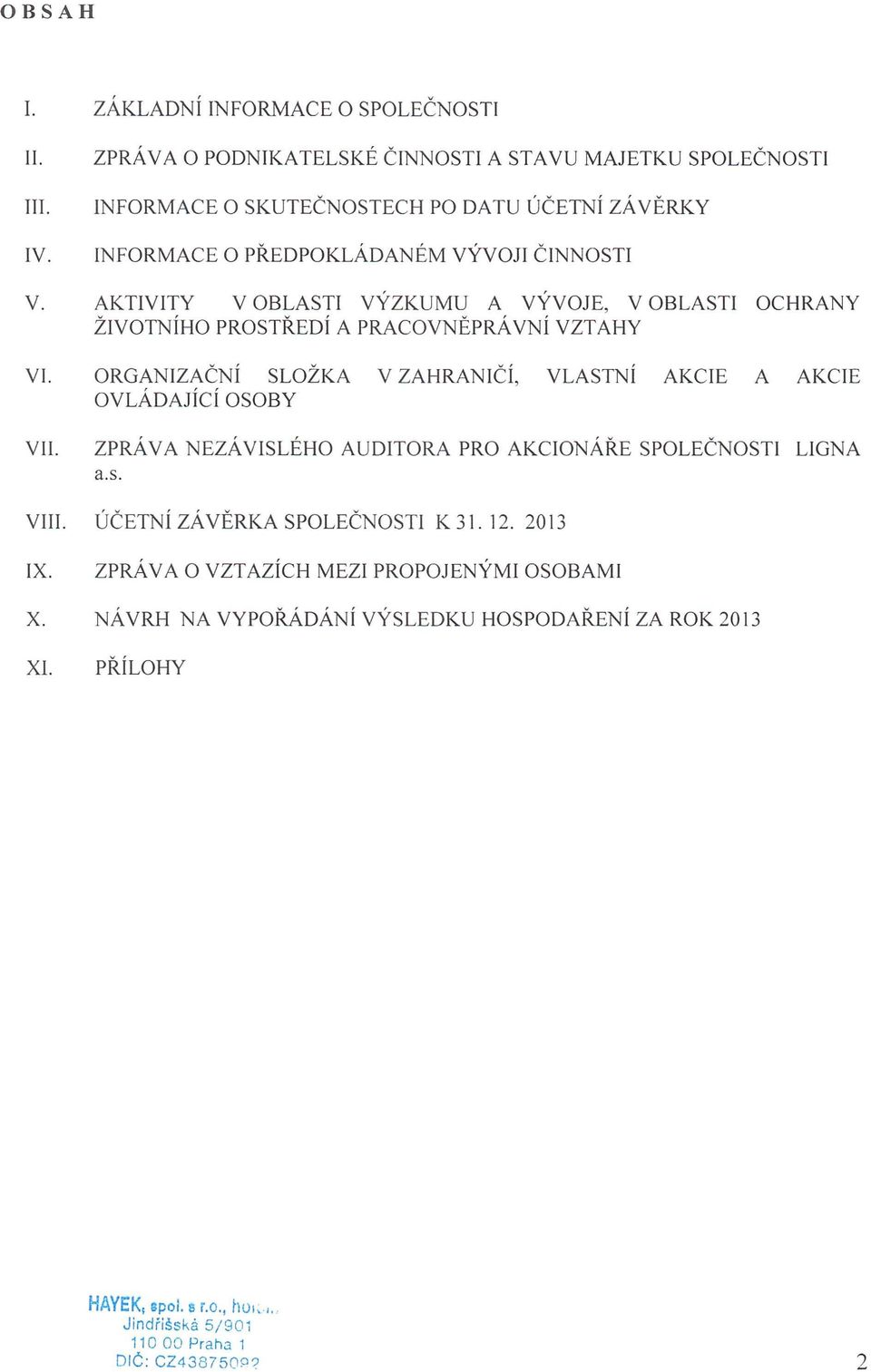 ORGANIZAČNÍ SLOŽKA V ZAHRANICI, VLASTNÍ AKCIE A AKCIE OVLÁDAJÍCÍ OSOBY VII. ZPRÁVA NEZÁVISLÉHO AUDITORA PRO AKCIONÁŘE SPOLEČNOSTI LIGNA a.s. VIII.