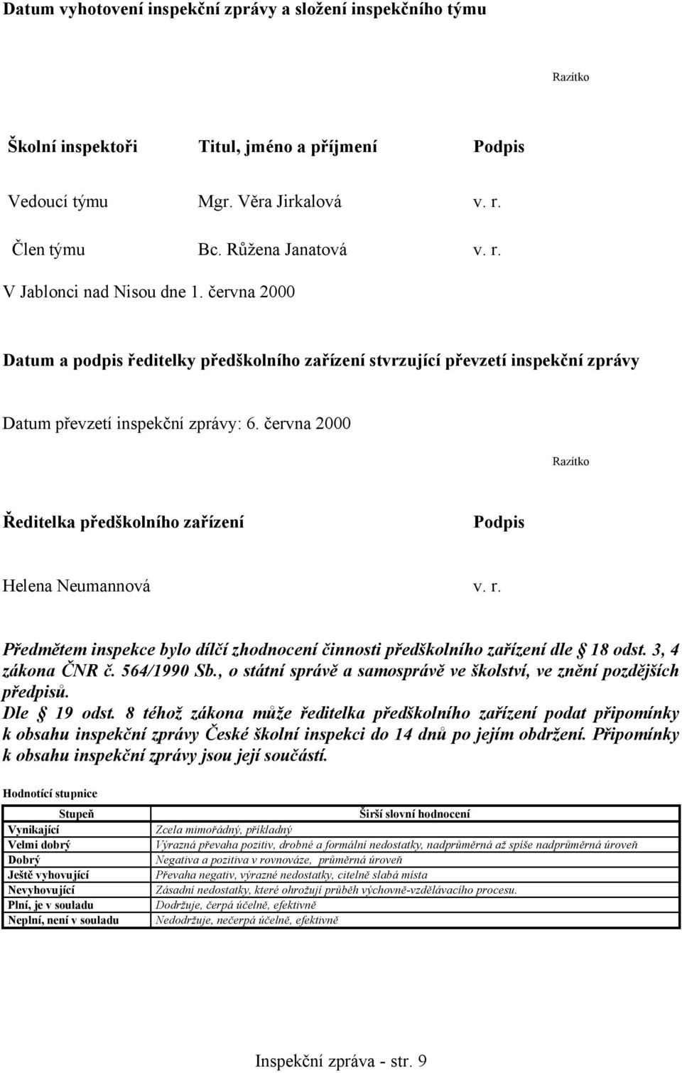 června 2000 Razítko Ředitelka předškolního zařízení Podpis Helena Neumannová v. r. Předmětem inspekce bylo dílčí zhodnocení činnosti předškolního zařízení dle 18 odst. 3, 4 zákona ČNR č. 564/1990 Sb.