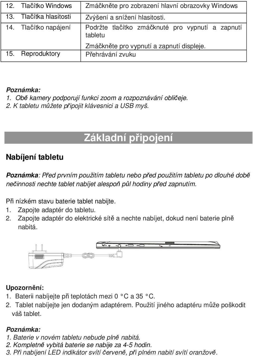 Obě kamery podporují funkci zoom a rozpoznávání obličeje. 2. K tabletu můžete připojit klávesnici a USB myš.