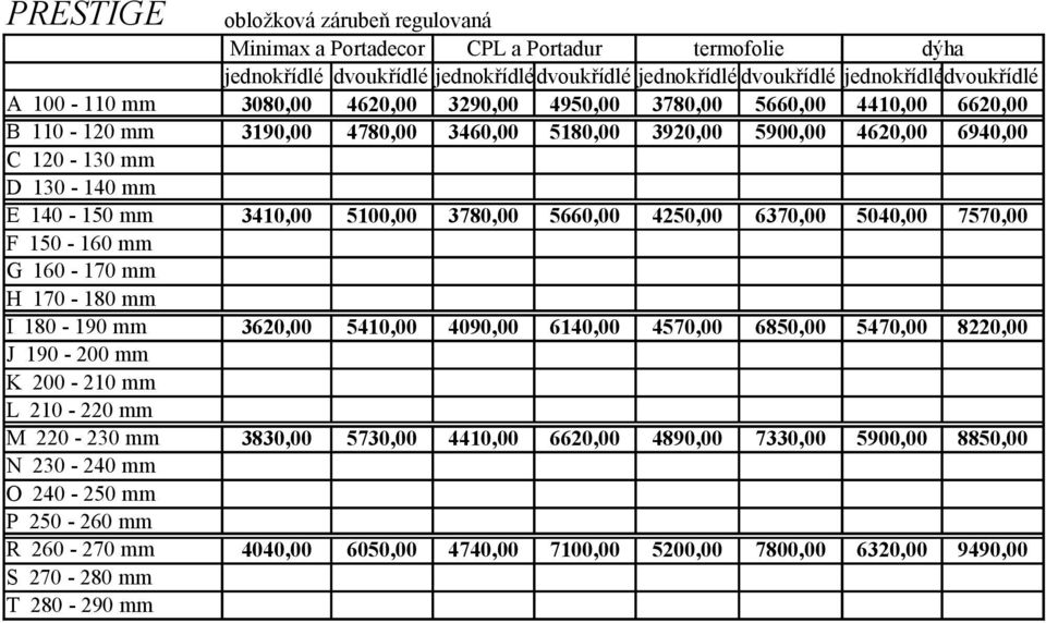 3780,00 5660,00 4250,00 6370,00 5040,00 7570,00 F 150-160 mm G 160-170 mm H 170-180 mm I 180-190 mm 3620,00 5410,00 4090,00 6140,00 4570,00 6850,00 5470,00 8220,00 J 190-200 mm K 200-210 mm L 210-220