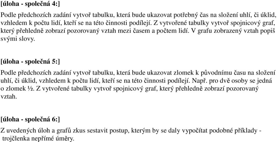 [úloha - společná 5:] Podle předchozích zadání vytvoř tabulku, která bude ukazovat zlomek k původnímu času na složení uhlí, či úklid, vzhledem k počtu lidí, kteří se na této činnosti podílejí. Např.