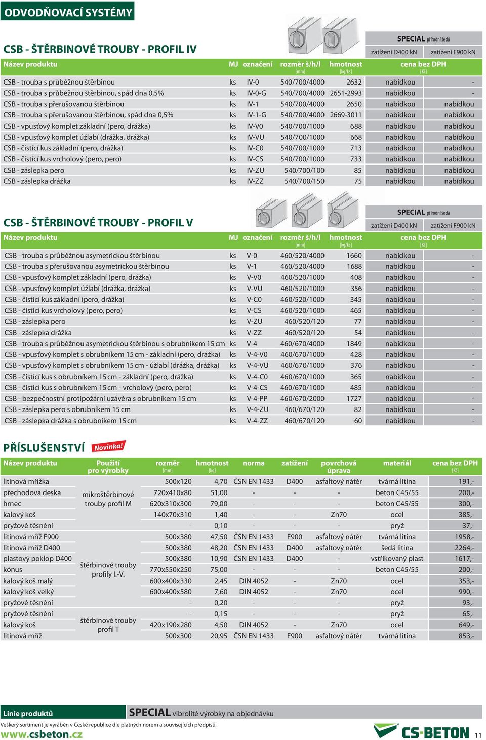 přerušovanou štěrbinou, spád dna 0,5% ks IV-1-G 540/700/4000 2669-3011 nabídkou nabídkou CSB - vpusťový komplet základní (pero, drážka) ks IV-V0 540/700/1000 688 nabídkou nabídkou CSB - vpusťový