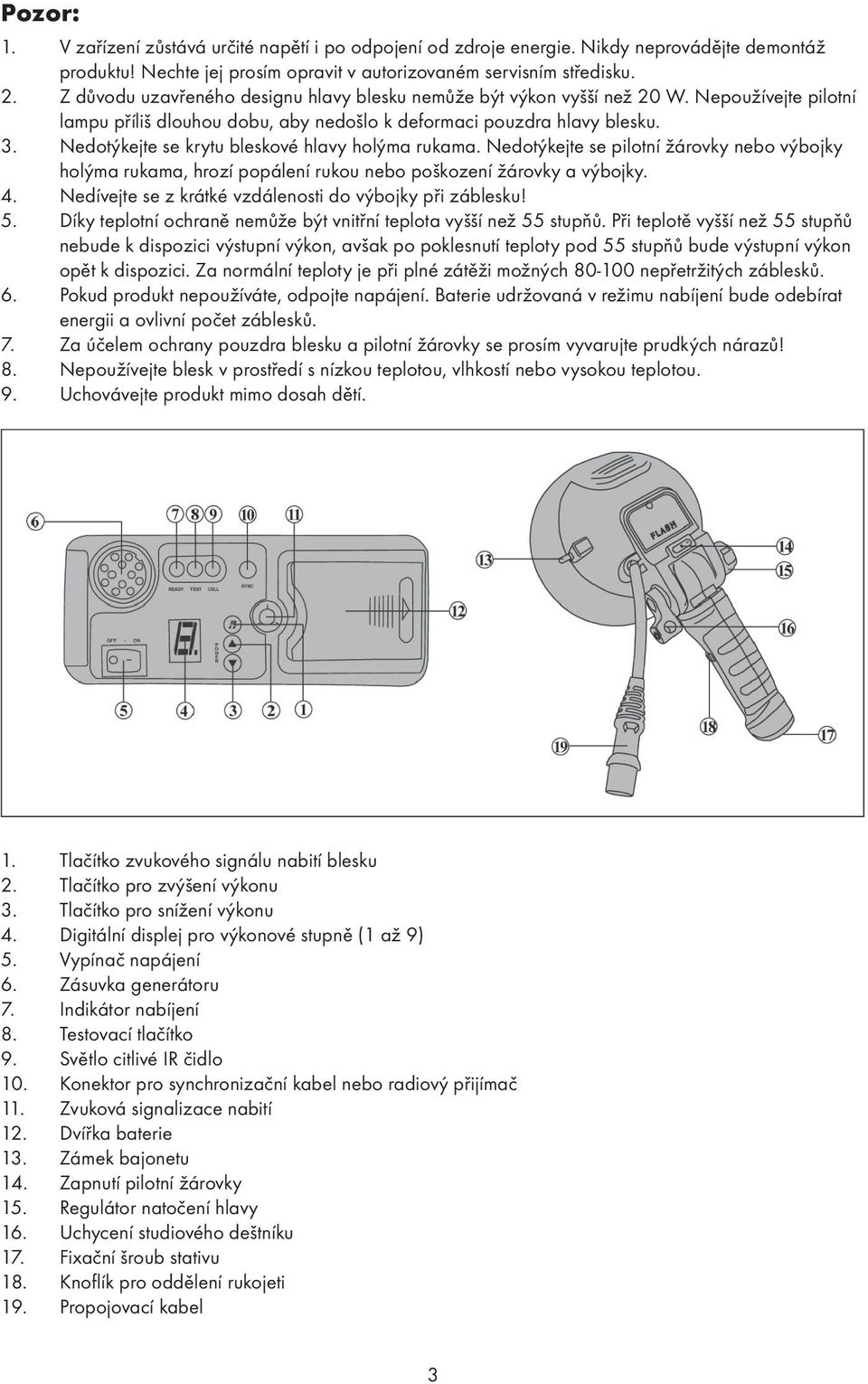 Nedotýkejte se krytu bleskové hlavy holýma rukama. Nedotýkejte se pilotní žárovky nebo výbojky holýma rukama, hrozí popálení rukou nebo poškození žárovky a výbojky. 4.