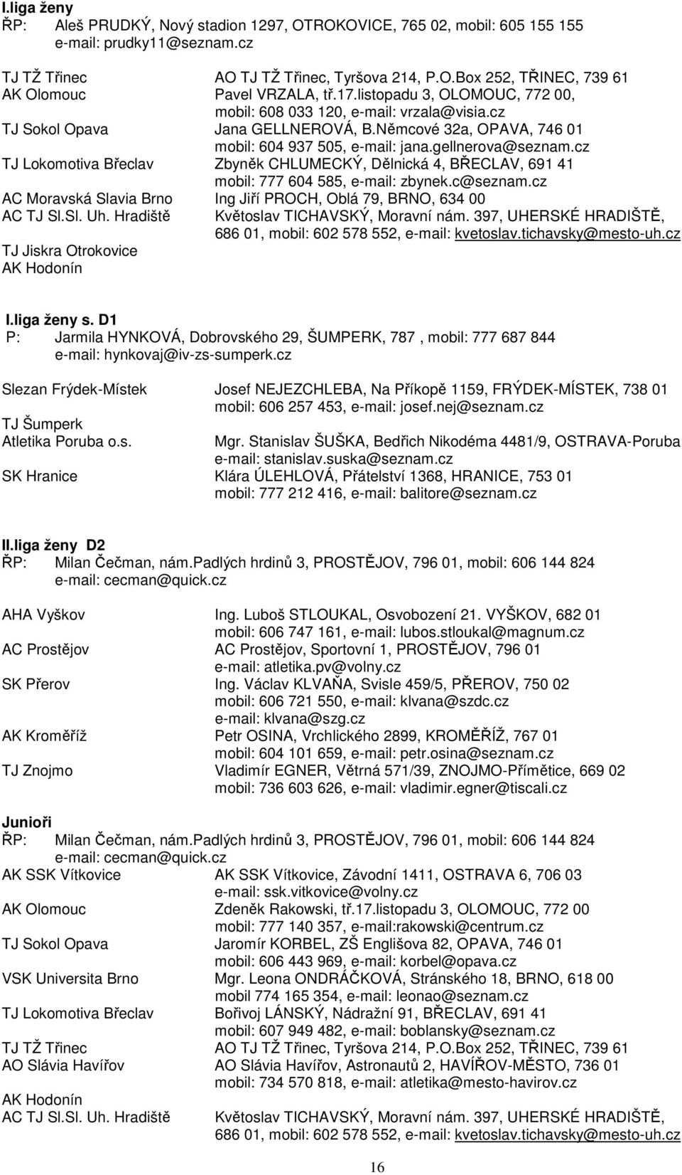 cz TJ Lokomotiva Břeclav Zbyněk CHLUMECKÝ, Dělnická 4, BŘECLAV, 691 41 mobil: 777 604 585, e-mail: zbynek.c@seznam.cz AC Moravská Slavia Brno Ing Jiří PROCH, Oblá 79, BRNO, 634 00 AC TJ Sl.Sl. Uh.