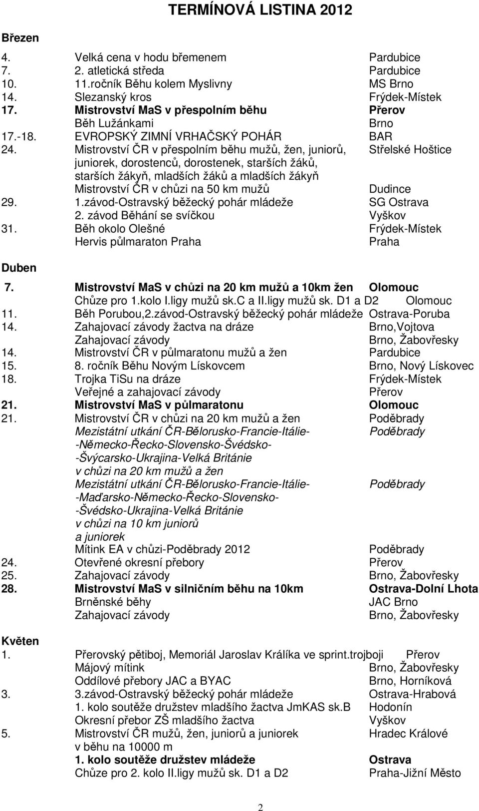 Mistrovství ČR v přespolním běhu mužů, žen, juniorů, Střelské Hoštice juniorek, dorostenců, dorostenek, starších žáků, starších žákyň, mladších žáků a mladších žákyň Mistrovství ČR v chůzi na 50 km