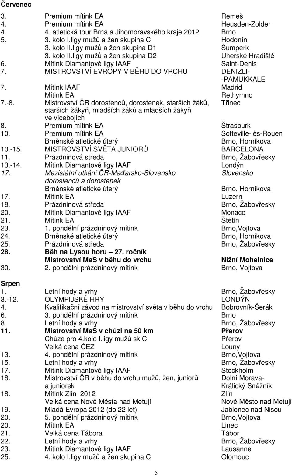 Mítink IAAF Madrid Mítink EA Rethymno 7.-8. Mistrovství ČR dorostenců, dorostenek, starších žáků, Třinec starších žákyň, mladších žáků a mladších žákyň ve vícebojích 8. Premium mítink EA Štrasburk 10.