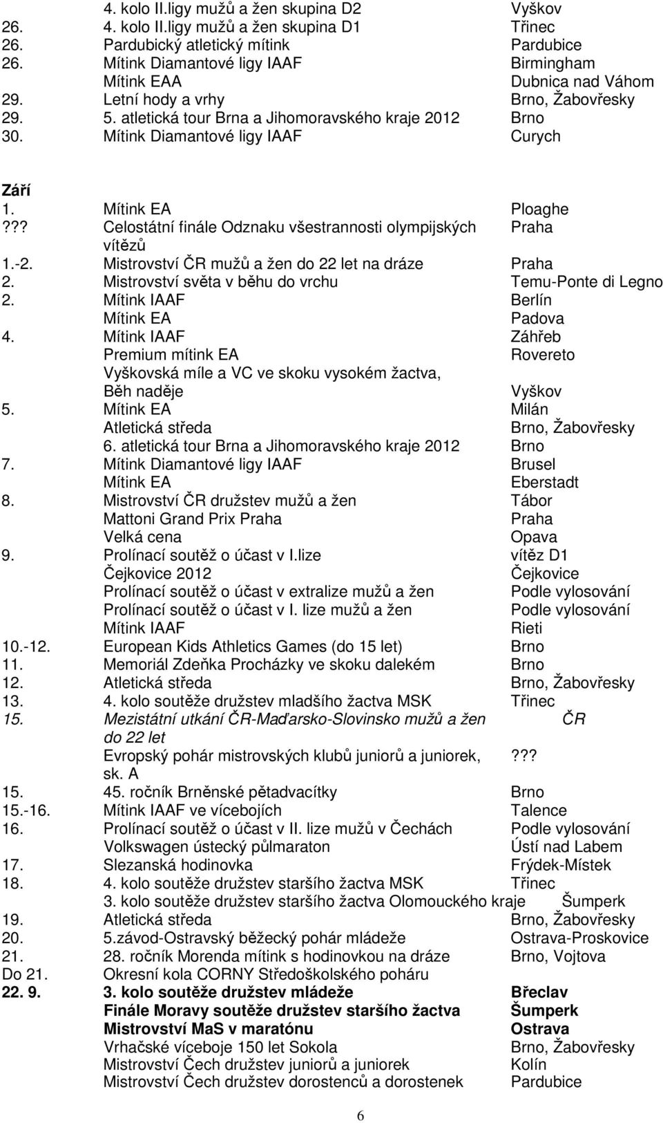 Mítink Diamantové ligy IAAF Curych Září 1. Mítink EA Ploaghe??? Celostátní finále Odznaku všestrannosti olympijských Praha vítězů 1.-2. Mistrovství ČR mužů a žen do 22 let na dráze Praha 2.