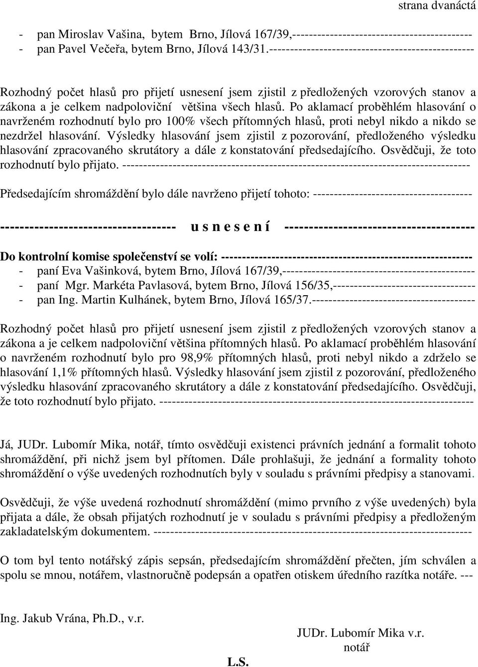 Po aklamací proběhlém hlasování o navrženém rozhodnutí bylo pro 100% všech přítomných hlasů, proti nebyl nikdo a nikdo se nezdržel hlasování.