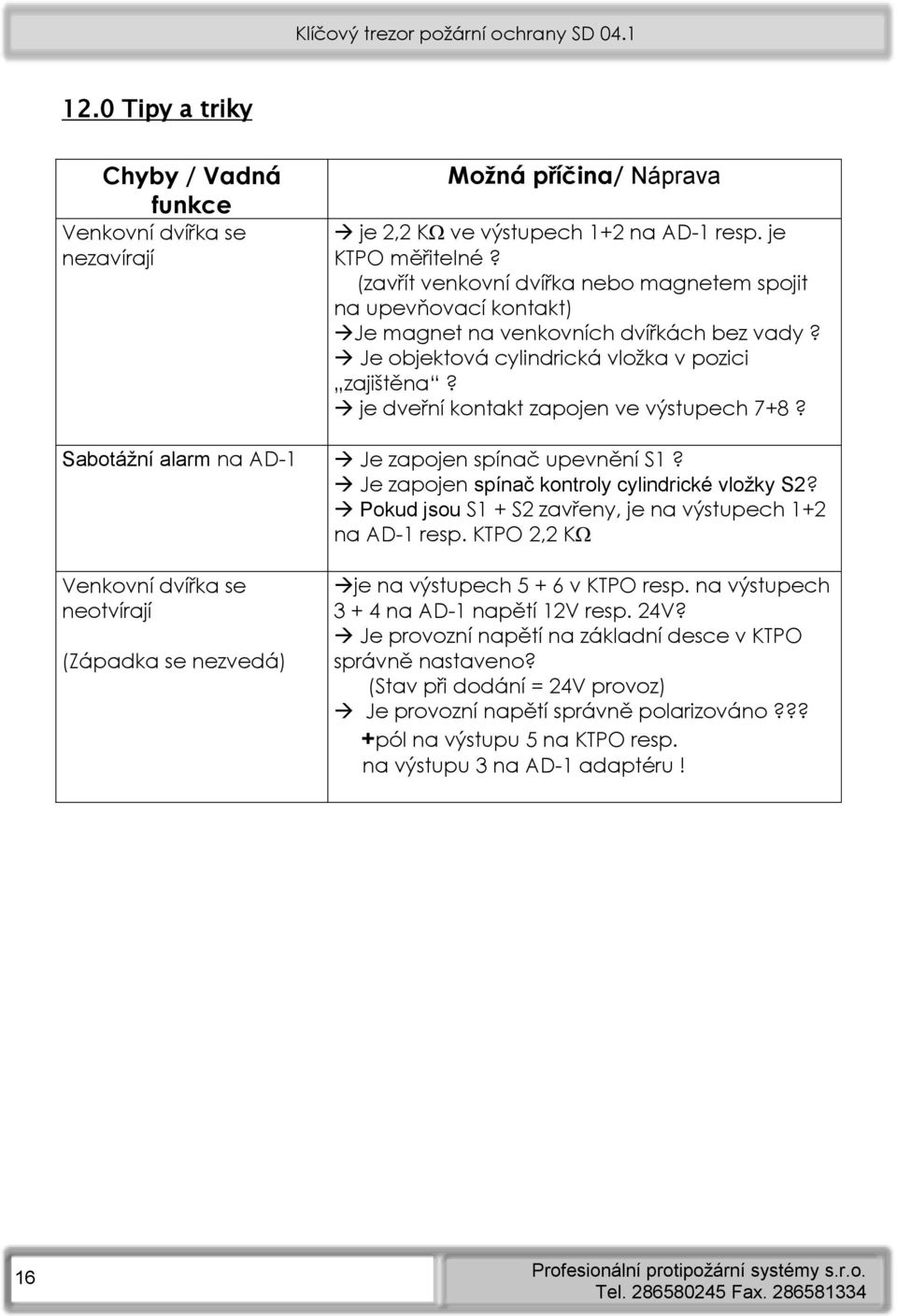 je dveřní kontakt zapojen ve výstupech 7+8? Sabotážní alarm na AD-1 Je zapojen spínač upevnění S1? Je zapojen spínač kontroly cylindrické vložky S2?