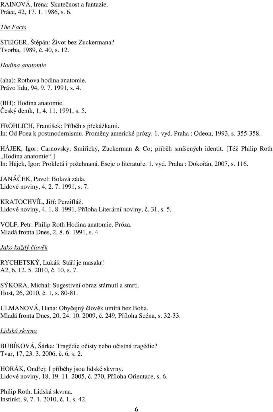 Praha : Odeon, 1993, s. 355-358. HÁJEK, Igor: Carnovsky, Smiřický, Zuckerman & Co; příběh smíšených identit. [Též Philip Roth Hodina anatomie.] In: Hájek, Igor: Prokletá i požehnaná.