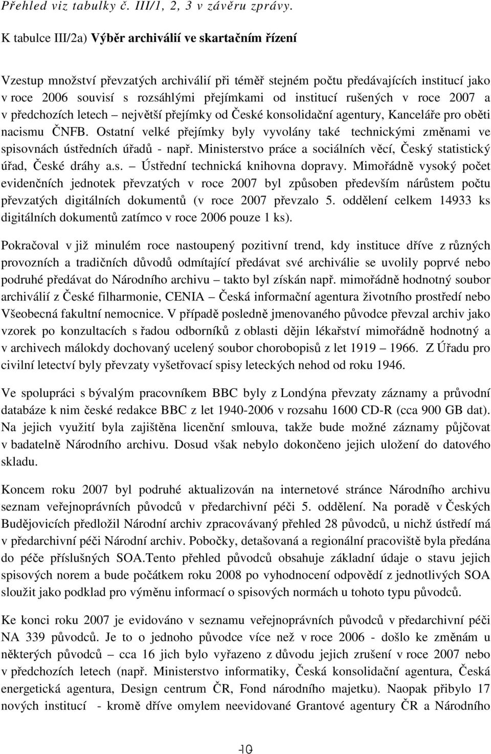 institucí rušených v roce 2007 a v předchozích letech největší přejímky od České konsolidační agentury, Kanceláře pro oběti nacismu ČNFB.