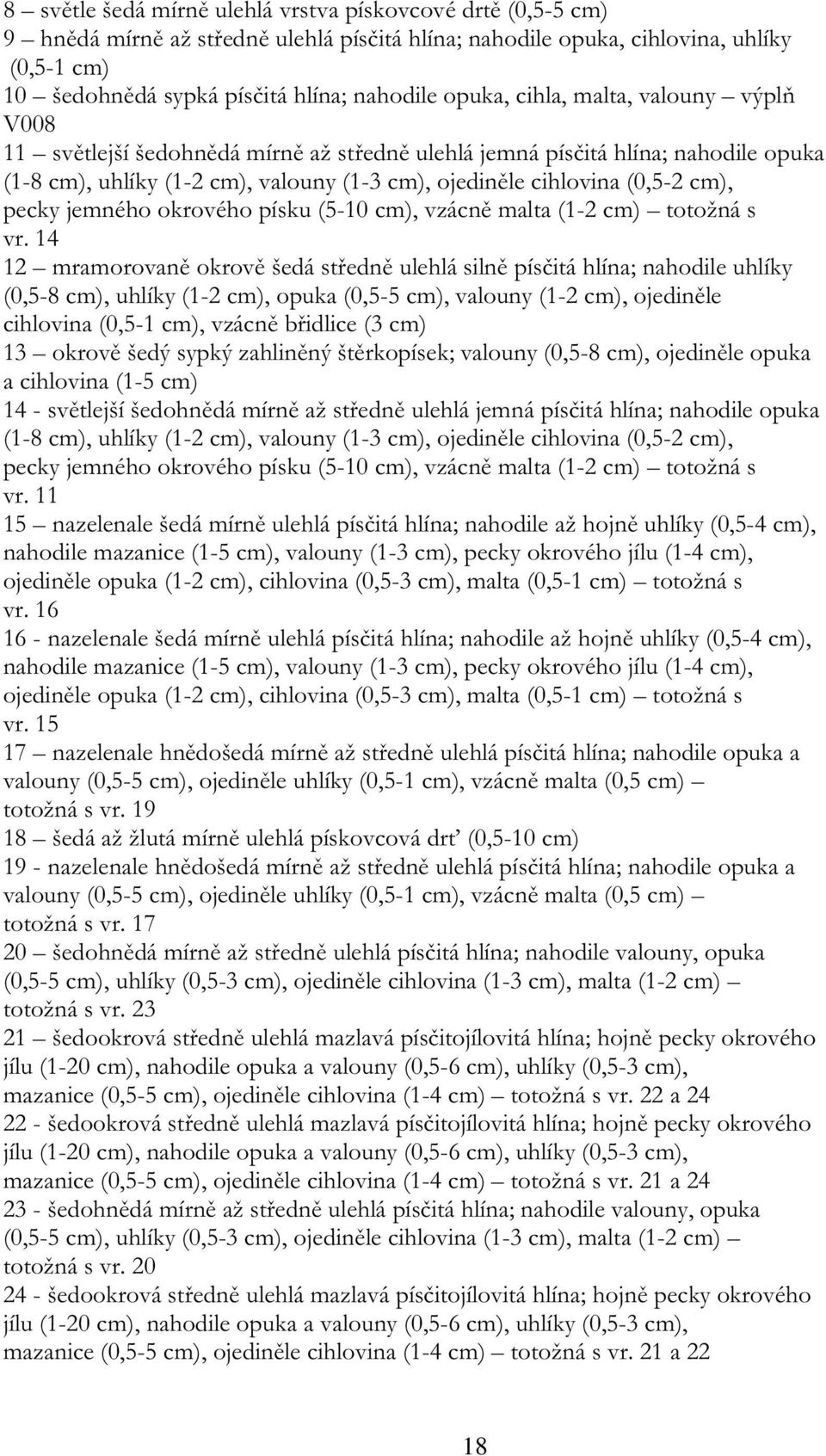 pecky jemného okrového písku (5-10 cm), vzácně malta (1-2 cm) totožná s vr.