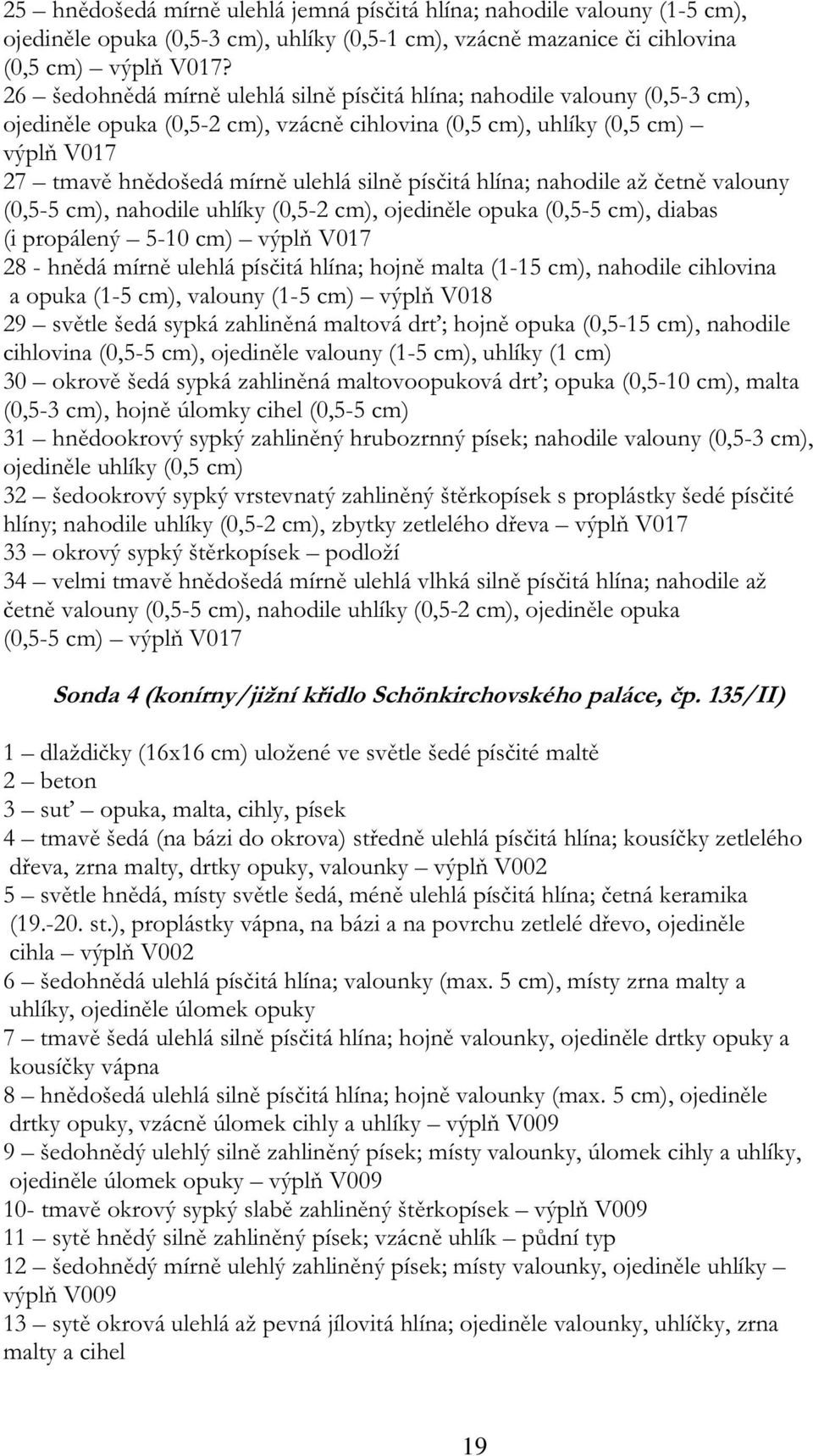 písčitá hlína; nahodile až četně valouny (0,5-5 cm), nahodile uhlíky (0,5-2 cm), ojediněle opuka (0,5-5 cm), diabas (i propálený 5-10 cm) výplň V017 28 - hnědá mírně ulehlá písčitá hlína; hojně malta