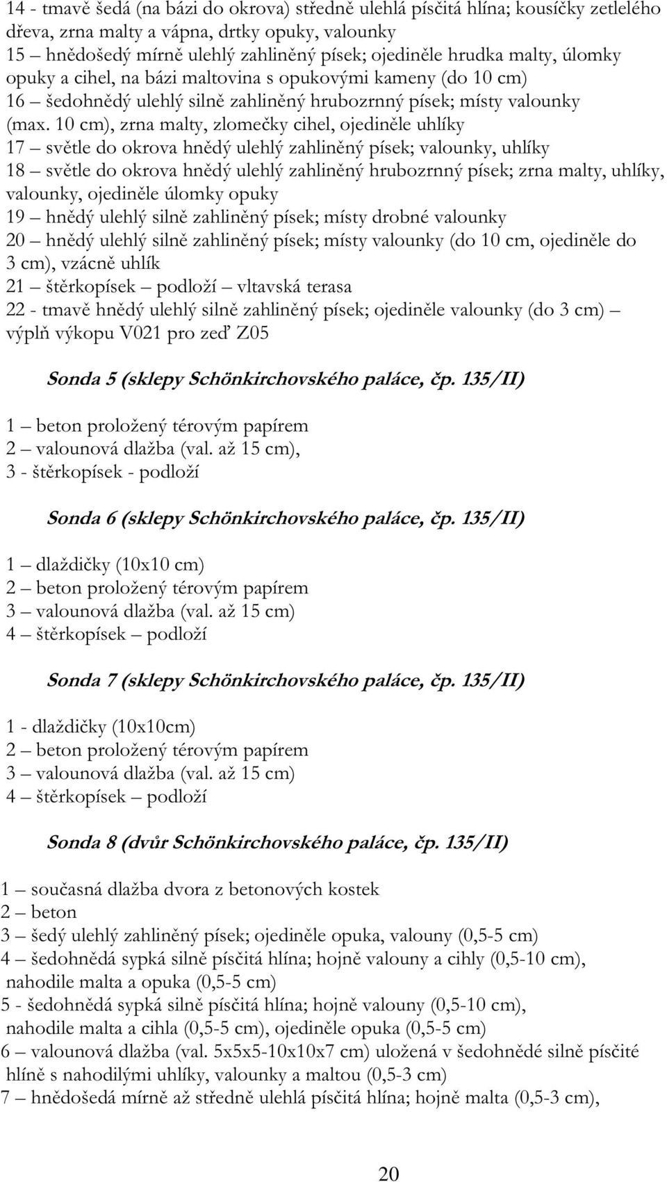 10 cm), zrna malty, zlomečky cihel, ojediněle uhlíky 17 světle do okrova hnědý ulehlý zahliněný písek; valounky, uhlíky 18 světle do okrova hnědý ulehlý zahliněný hrubozrnný písek; zrna malty,