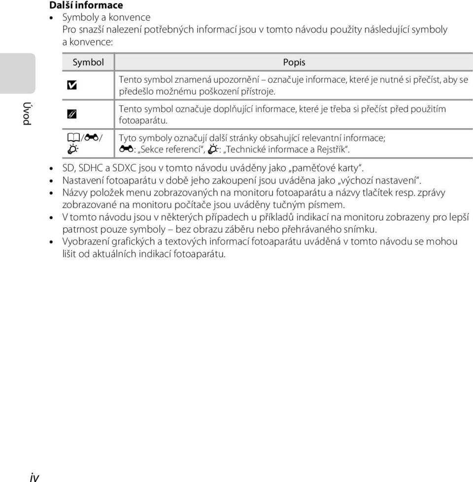 Tyto symboly označují další stránky obsahující relevantní informace; E: Sekce referencí, F: Technické informace a Rejstřík. SD, SDHC a SDXC jsou v tomto návodu uváděny jako paměťové karty.