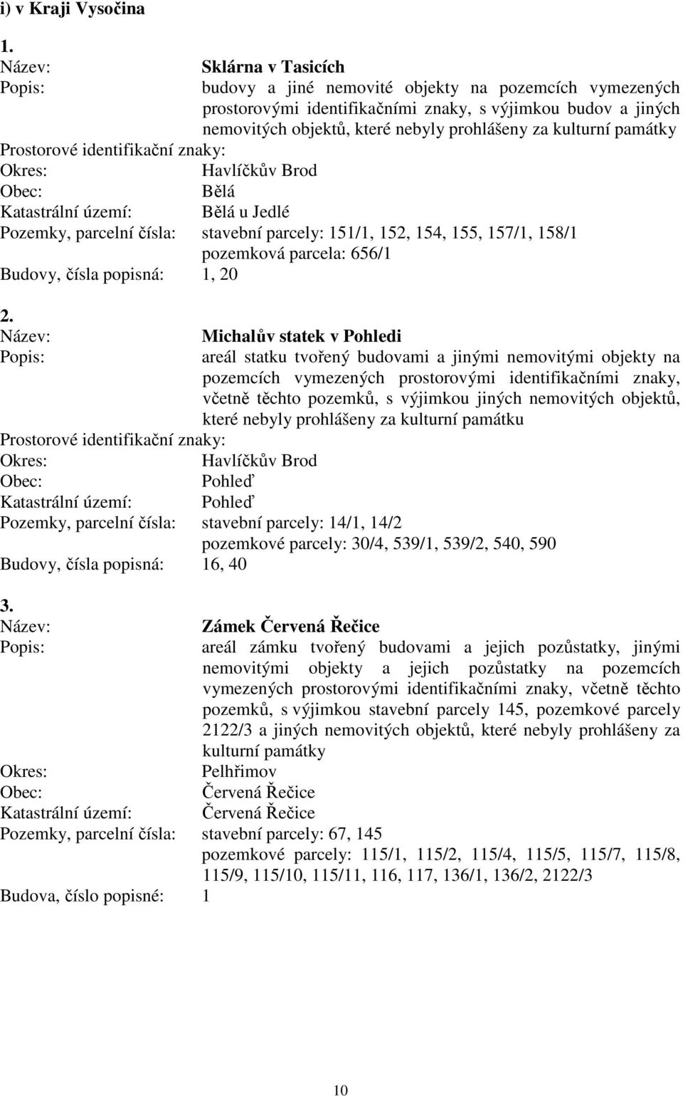 1, 20 Michalův statek v Pohledi areál statku tvořený budovami a jinými nemovitými objekty na pozemcích vymezených prostorovými identifikačními znaky, včetně těchto pozemků, s výjimkou jiných