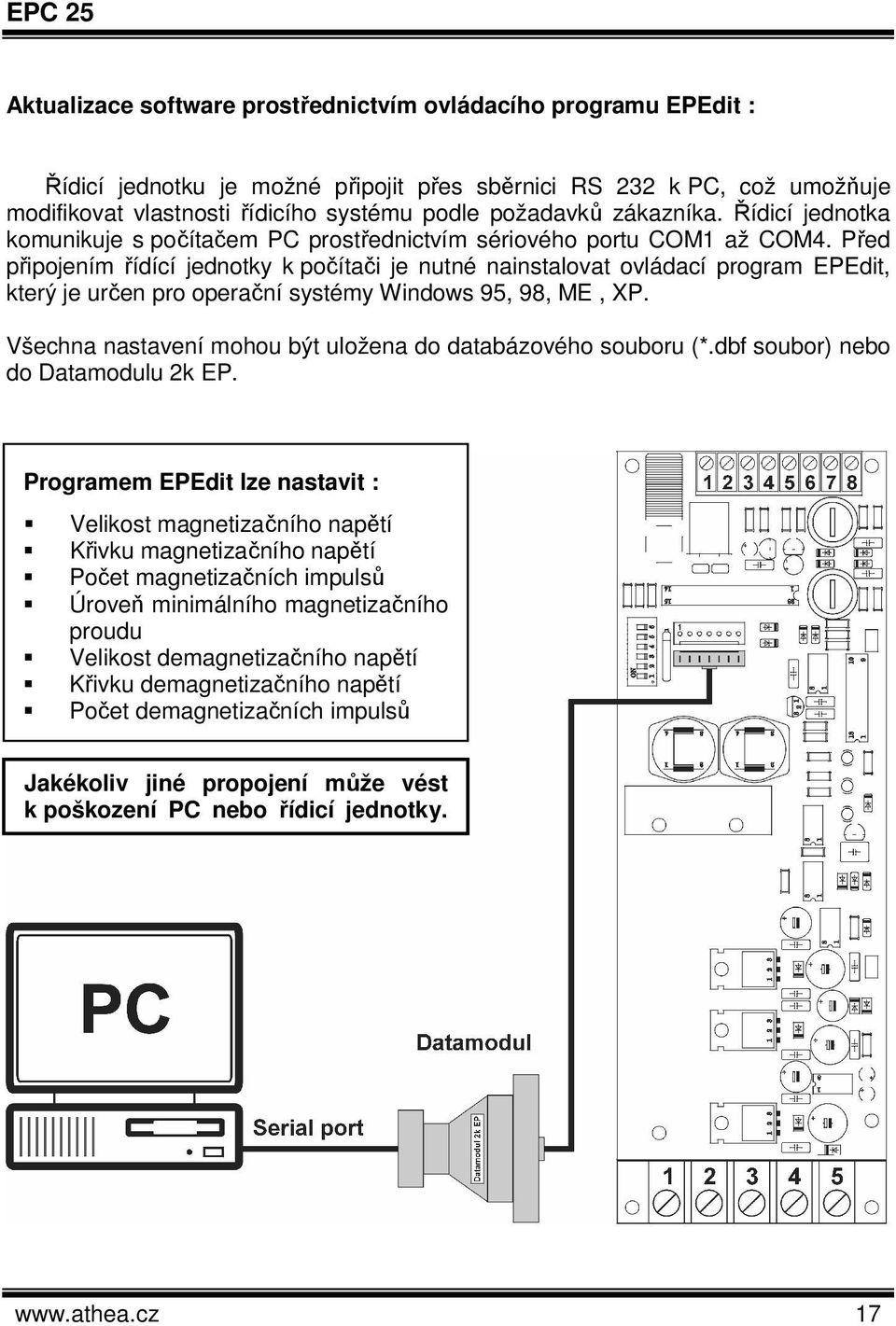 Před připojením řídící jednotky k počítači je nutné nainstalovat ovládací program EPEdit, který je určen pro operační systémy Windows 95, 98, ME, XP.