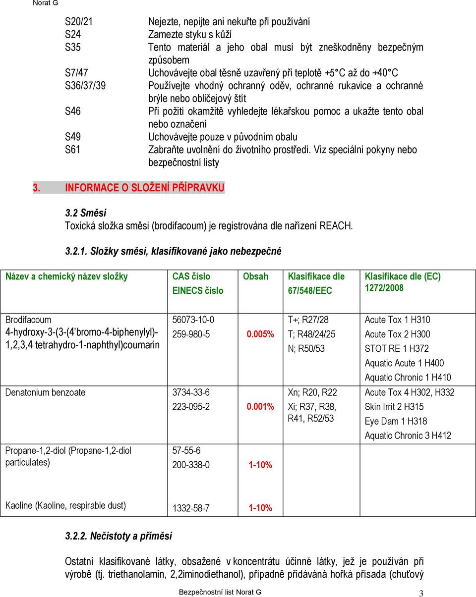 S49 Uchovávejte pouze v původním obalu S61 Zabraňte uvolnění do životního prostředí. Viz speciální pokyny nebo bezpečnostní listy 3. INFORMACE O SLOŽENÍ PŘÍPRAVKU 3.