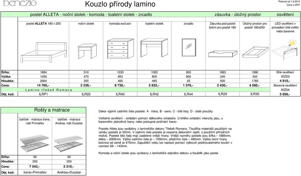 seno. C - bílé listy, D - zlaté proužky Irene, rošt Primaflex Andrea, rošt Duostar Volitelné - ovládání pomocí dálkového ovladače.