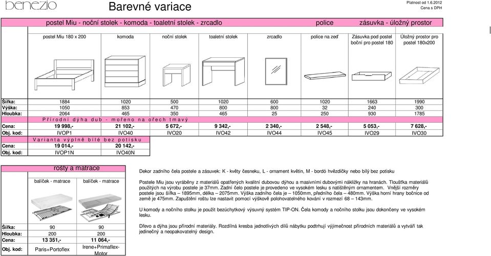 1990 930 1785 5 053,- 7 628,- IVO29 IVO30 postel rošty Miu a matrace - no Dekor zadního čela postele a zásuvek: K - květy česneku, L - ornament květin, M - bordó hvězdičky nebo bílý bez potisku