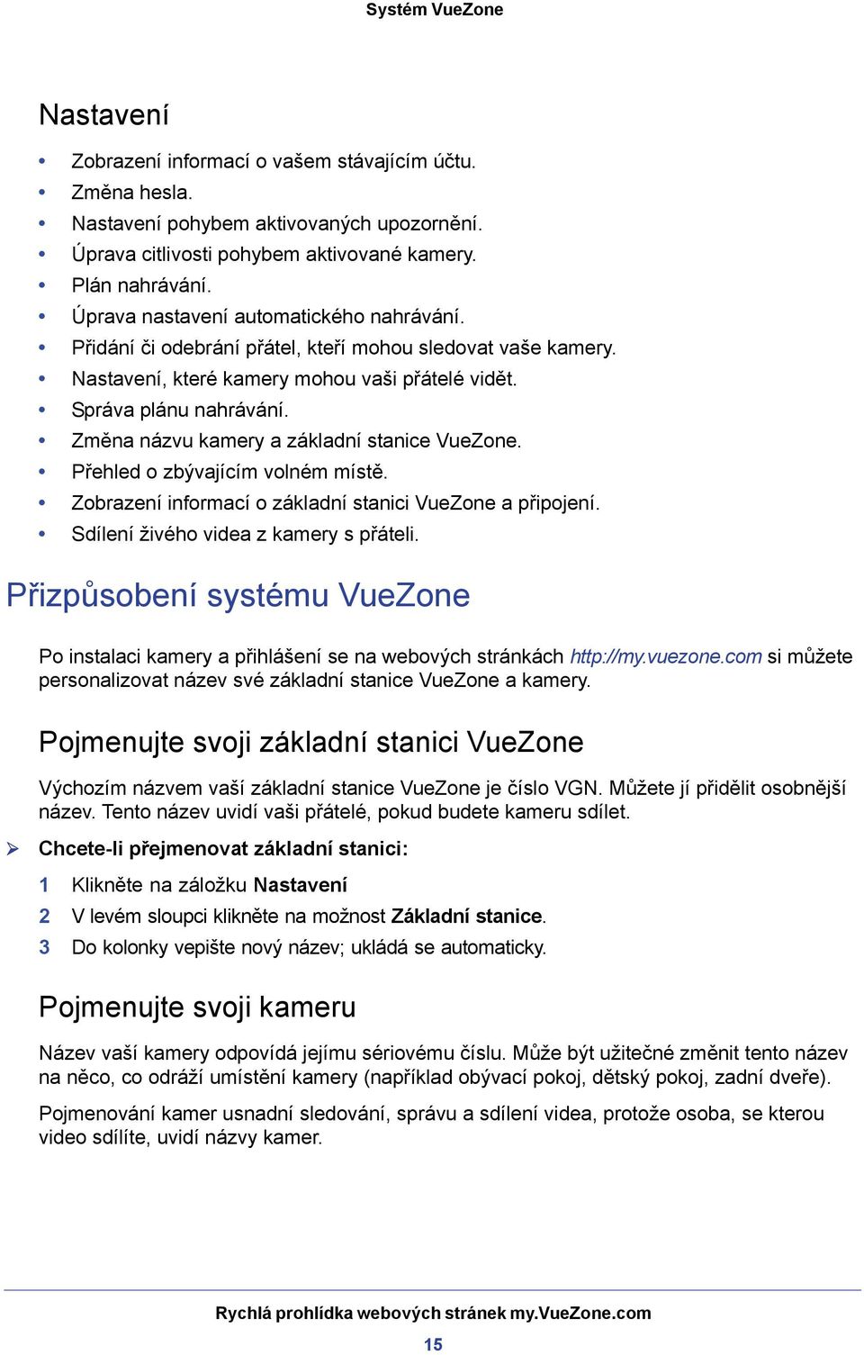 Změna názvu kamery a základní stanice VueZone. Přehled o zbývajícím volném místě. Zobrazení informací o základní stanici VueZone a připojení. Sdílení živého videa z kamery s přáteli.