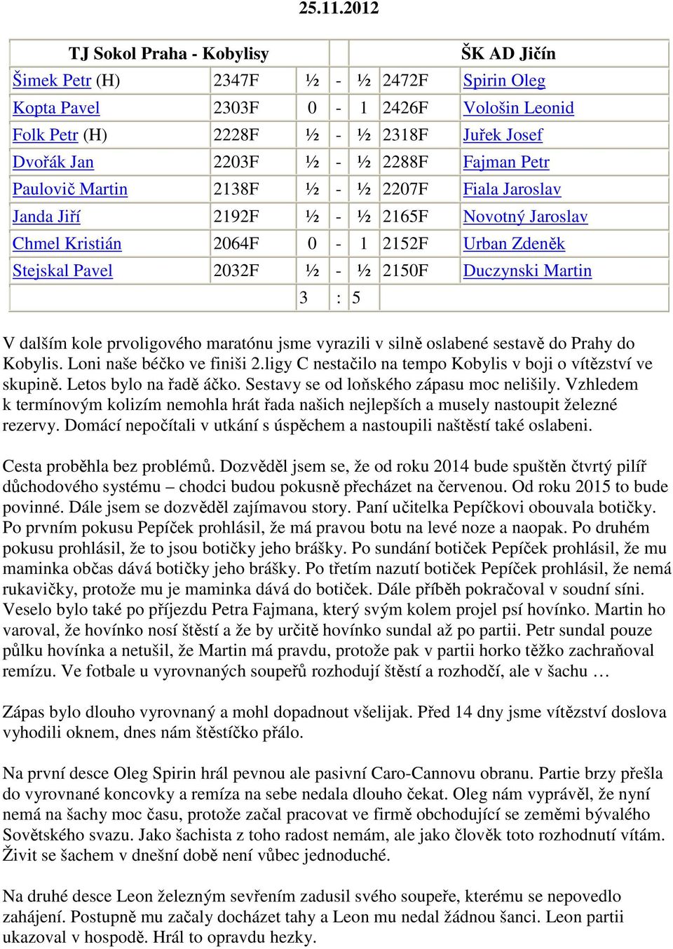 Martin 2138F ½ - ½ 2207F Fiala Jaroslav Janda Jiří 2192F ½ - ½ 2165F Novotný Jaroslav Chmel Kristián 2064F 0-1 2152F Urban Zdeněk Stejskal Pavel 2032F ½ - ½ 2150F Duczynski Martin 3 : 5 V dalším kole