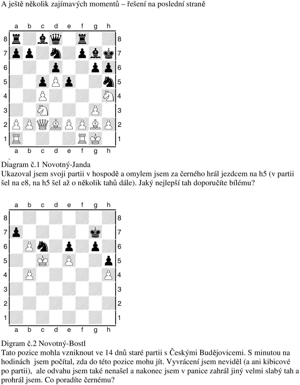 Jaký nejlepší tah doporučíte bílému? + + + + + + + Digram č.2 Novotný-Bostl Tato pozice mohla vzniknout ve 14 dnů staré partii s Českými Budějovicemi.