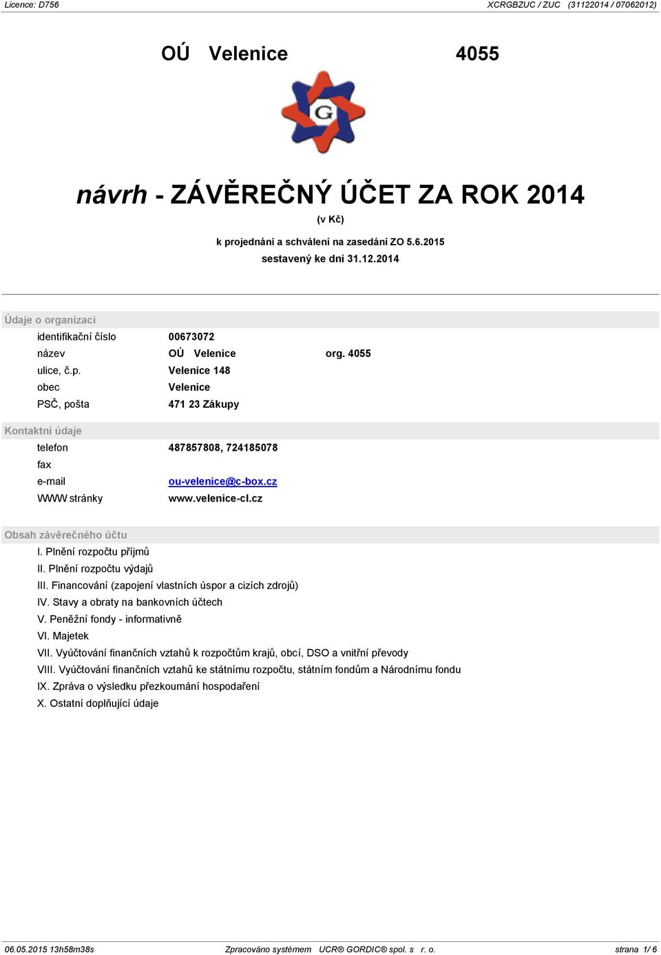 Velenice 148 obec Velenice PSČ, pošta 471 23 Zákupy Kontaktní údaje telefon 487857808, 724185078 fax e-mail ou-velenice@c-box.cz WWW stránky www.velenice-cl.cz Obsah závěrečného účtu I.