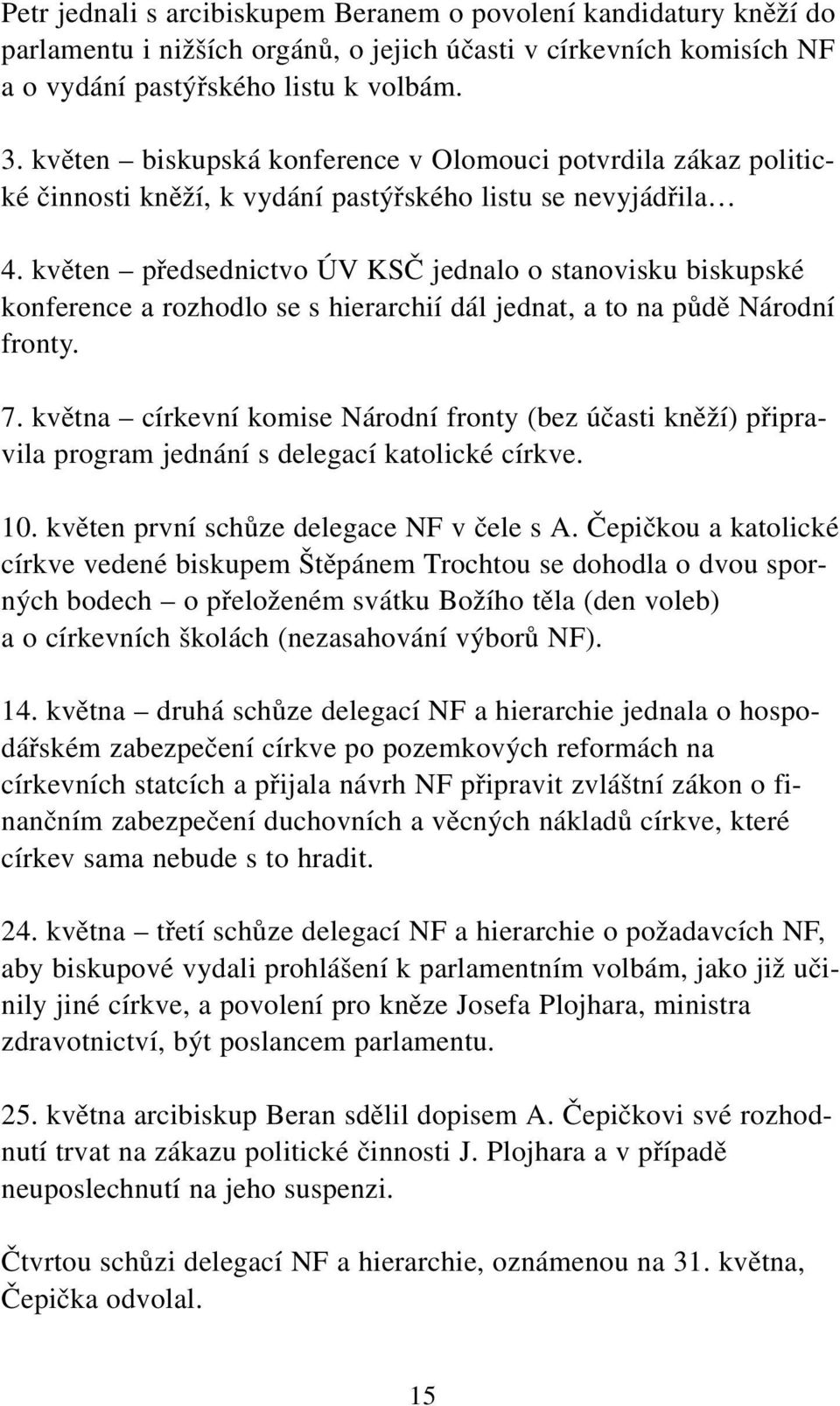 květen předsednictvo ÚV KSČ jednalo o stanovisku biskupské konference a rozhodlo se s hierarchií dál jednat, a to na půdě Národní fronty. 7.