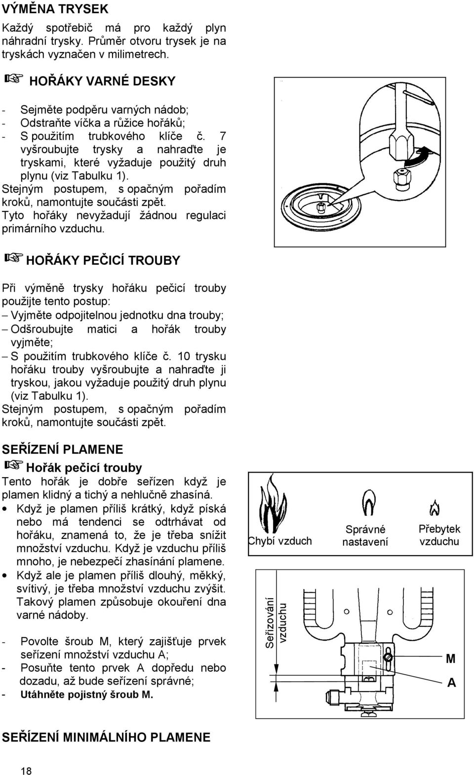 7 vyšroubujte trysky a nahraďte je tryskami, které vyžaduje použitý druh plynu (viz Tabulku 1). Stejným postupem, s opačným pořadím kroků, namontujte součásti zpět.