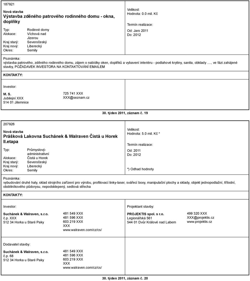.., ve fázi zahájené stavby, POŽADAVEK INVESTORA NA KONTAKTOVÁNÍ EMAILEM M. S. Jubilejní 514 01 Jilemnice 725 741 @seznam.cz 30. týden 2011, záznam č.