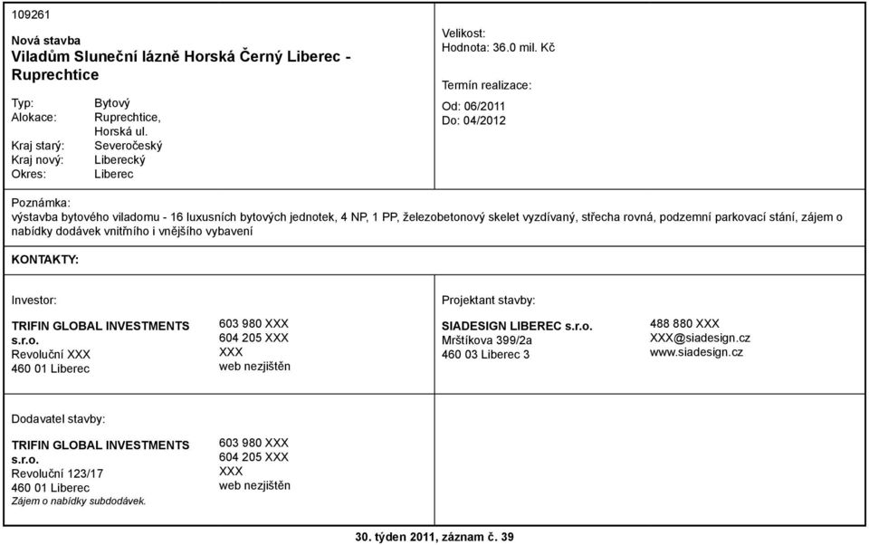 parkovací stání, zájem o nabídky dodávek vnitřního i vnějšího vybavení TRIFIN GLOBAL INVESTMENTS s.r.o. Revoluční 460 01 603 980 604 205 web nezjištěn SIADESIGN LIBEREC s.