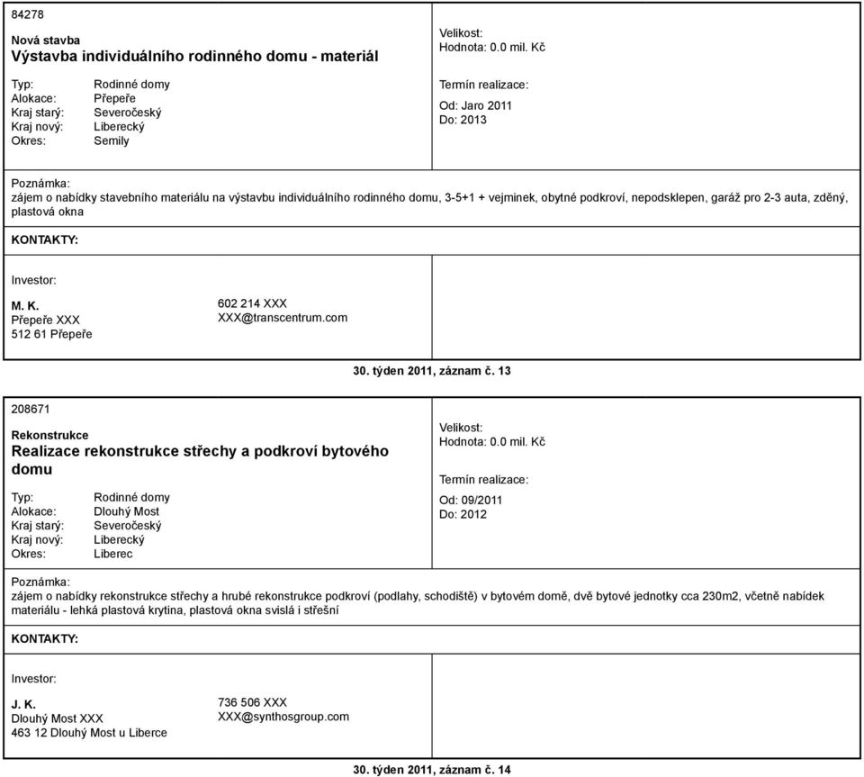 zděný, plastová okna M. K. Přepeře 512 61 Přepeře 602 214 @transcentrum.com 30. týden 2011, záznam č.