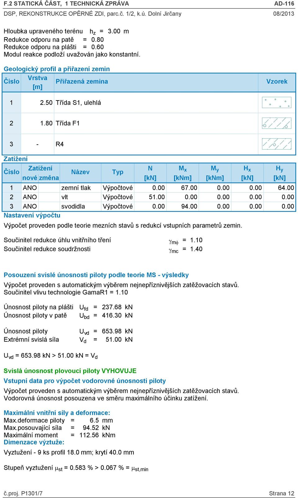 80 Třída F1 3 - R4 Zatížení Zatížení N M x M y H x H y nové změna Název Typ [kn] [knm] [knm] [kn] [kn] 1 ANO zemní tlak Výpočtové 0 67.00 0 0 64.00 2 ANO vlt Výpočtové 51.