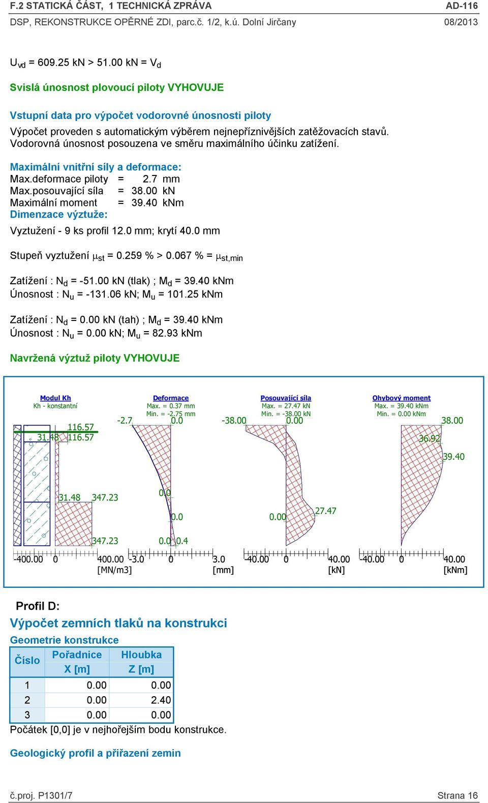 Vodorovná únosnost posouzena ve směru maximálního účinku zatížení. Maximální vnitřní síly a deformace: Max.deformace piloty = 2.7 mm Max.posouvající síla = 38.00 kn Maximální moment = 39.