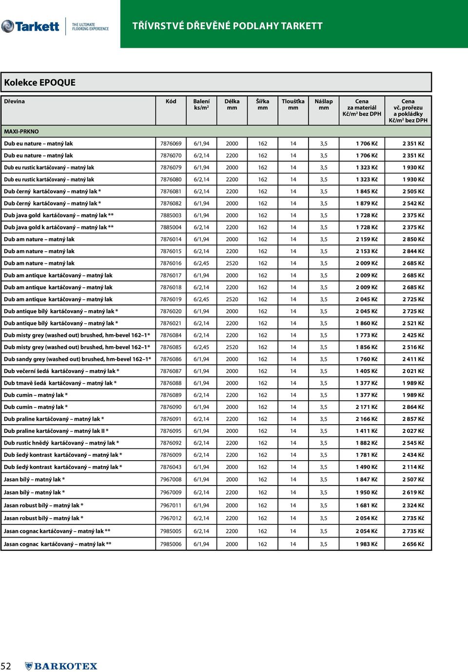 matný lak * 7876081 6/2,14 2200 162 14 3,5 1 845 Kč 2 505 Kč Dub černý kartáčovaný matný lak * 7876082 6/1,94 2000 162 14 3,5 1 879 Kč 2 542 Kč Dub java gold kartáčovaný matný lak ** 7885003 6/1,94