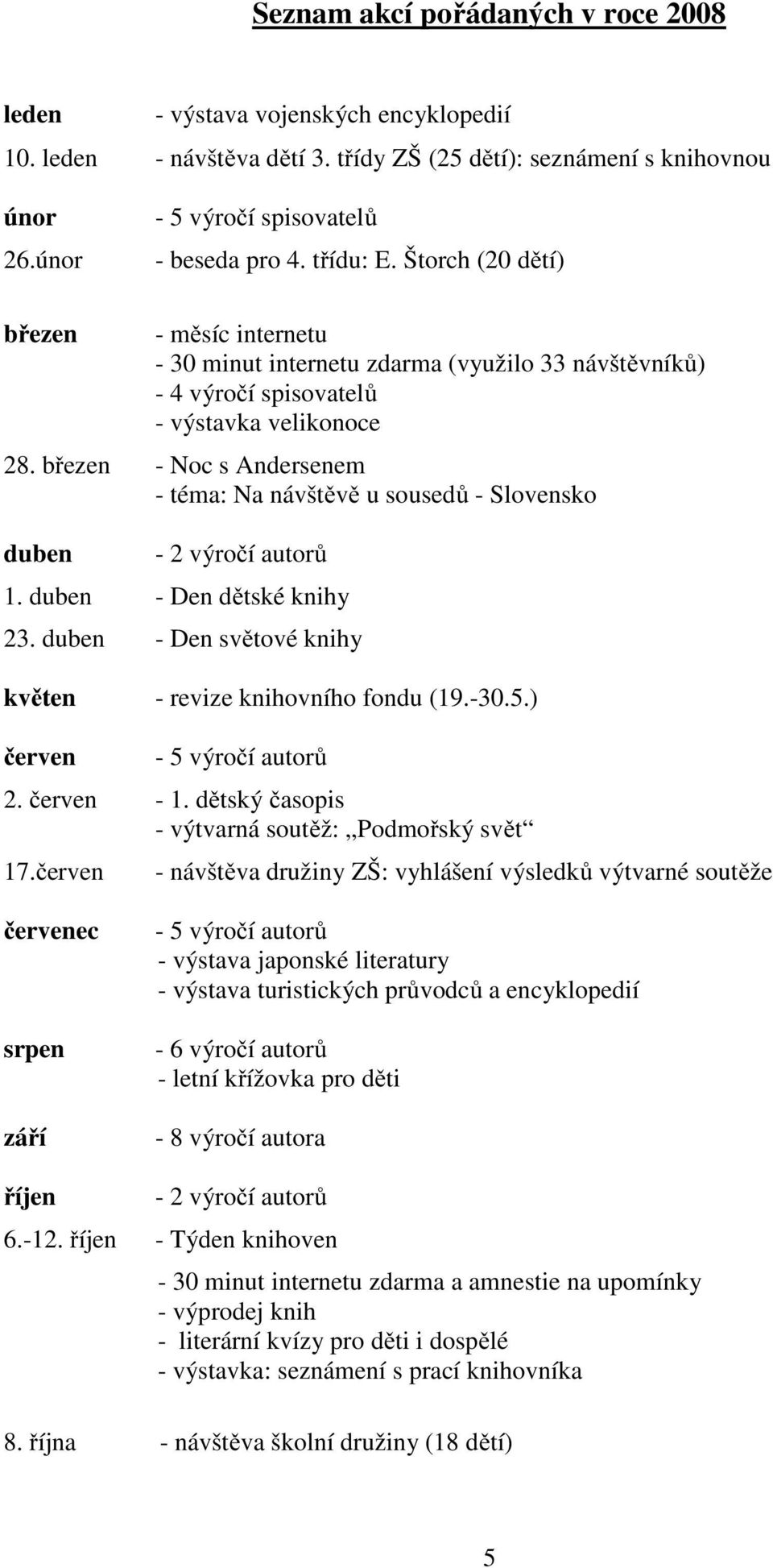 březen - Noc s Andersenem - téma: Na návštěvě u sousedů - Slovensko duben - 2 výročí autorů 1. duben - Den dětské knihy 23. duben - Den světové knihy květen - revize knihovního fondu (19.-30.5.