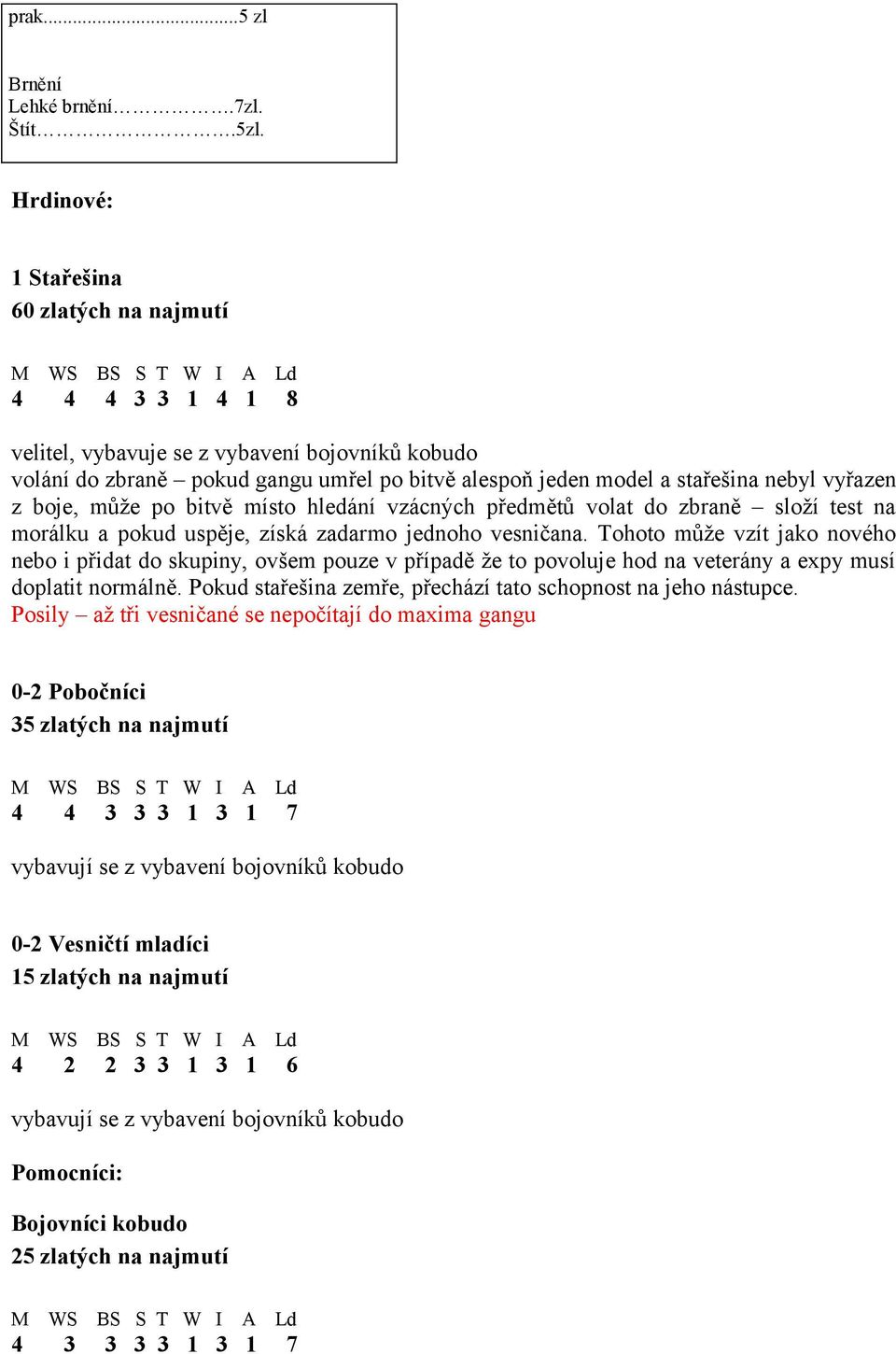 vyřazen z boje, může po bitvě místo hledání vzácných předmětů volat do zbraně složí test na morálku a pokud uspěje, získá zadarmo jednoho vesničana.