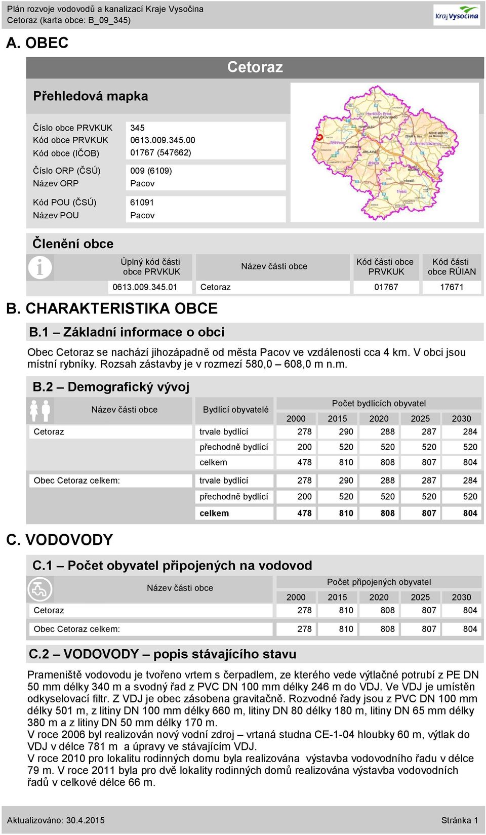 CHARAKTERISTIKA OBCE B.1 Základní informace o obci Obec Cetoraz se nachází jihozápadně od města Pacov ve vzdálenosti cca 4 km. V obci jsou místní rybníky. Rozsah zástavby je v rozmezí 580,0 608,0 m n.