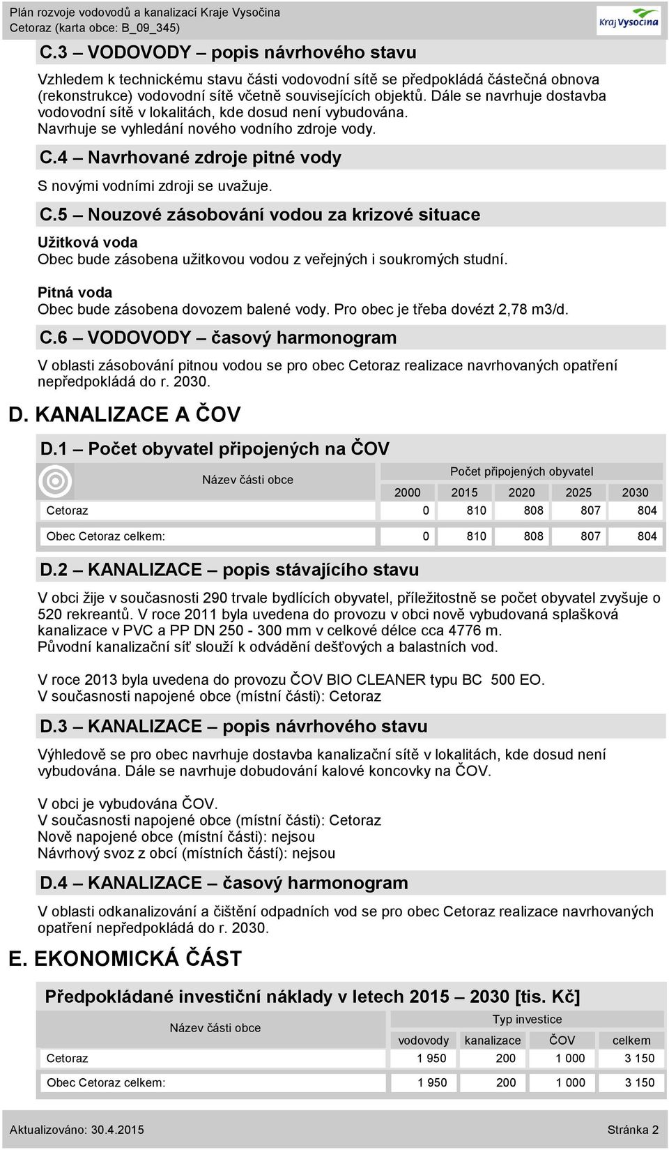 C.5 Nouzové zásobování vodou za krizové situace Užitková voda Obec bude zásobena užitkovou vodou z veřejných i soukromých studní. Pitná voda Obec bude zásobena dovozem balené vody.