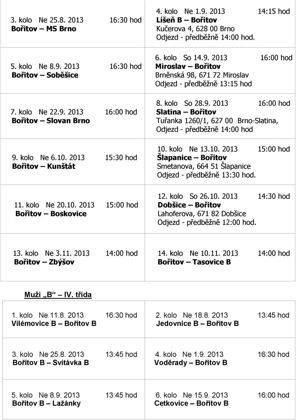 kolo So 28.9. 2013 16:00 hod Slatina Bořitov Tuřanka 1260/1, 627 00 Brno-Slatina, Odjezd - předběžně 14:00 hod 10.