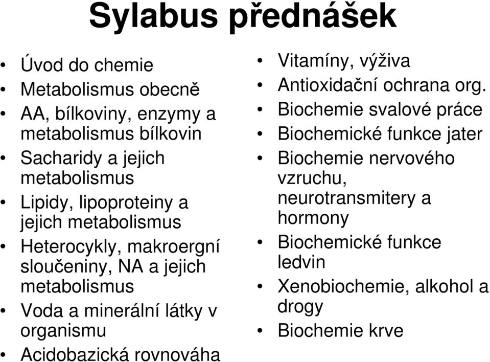 minerální látky v organismu Acidobazická rovnováha Vitamíny, výživa Antioxidační ochrana org.